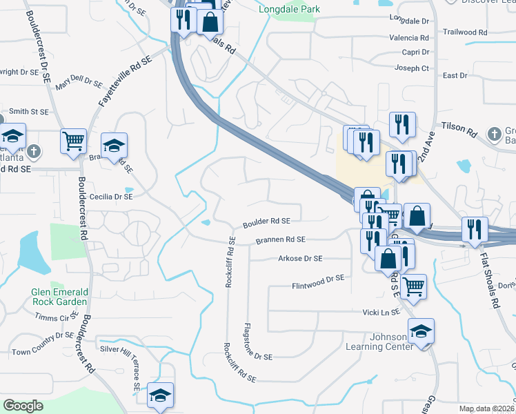 map of restaurants, bars, coffee shops, grocery stores, and more near 1753 Stoney Creek Drive Southeast in Atlanta