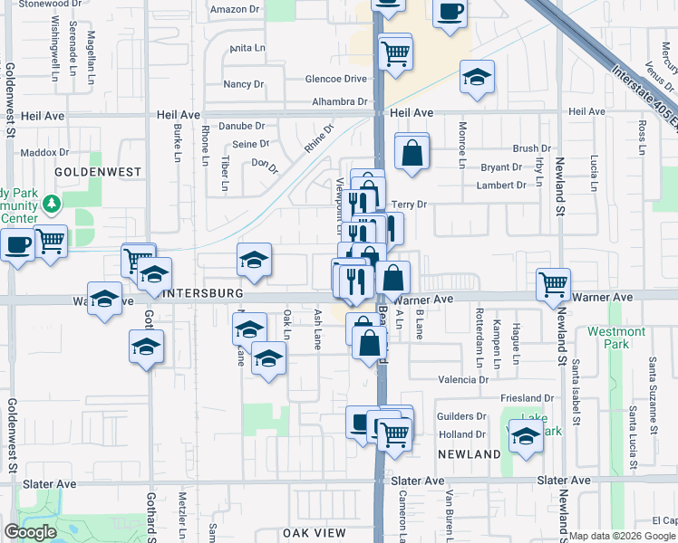 map of restaurants, bars, coffee shops, grocery stores, and more near 7912 Westwood Lane in Huntington Beach