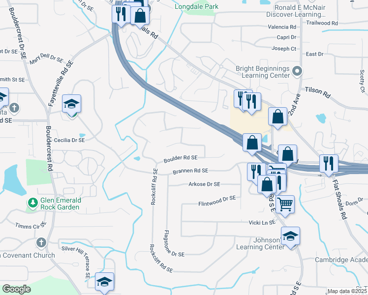map of restaurants, bars, coffee shops, grocery stores, and more near 1783 Stoney Creek Drive Southeast in Atlanta