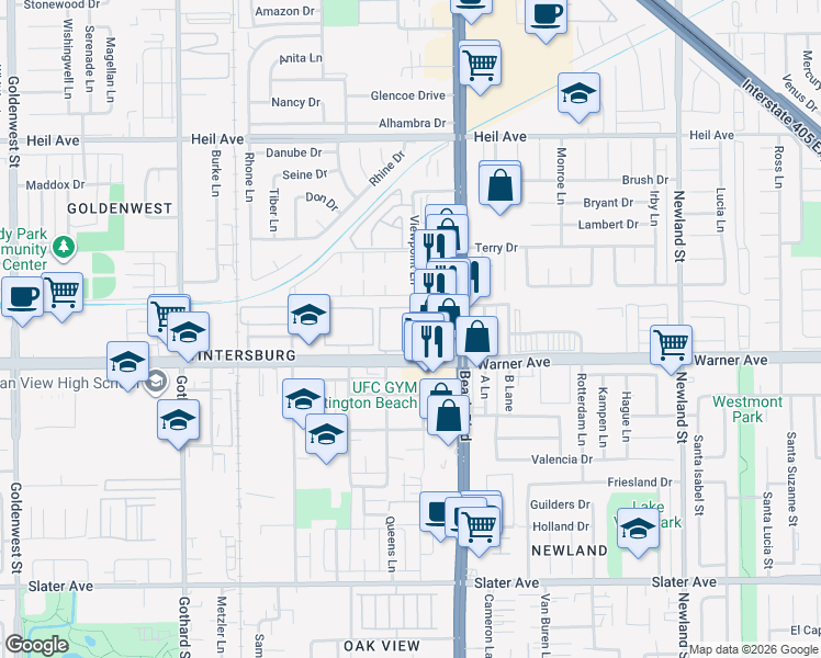 map of restaurants, bars, coffee shops, grocery stores, and more near 7881 Woodlake Drive in Huntington Beach