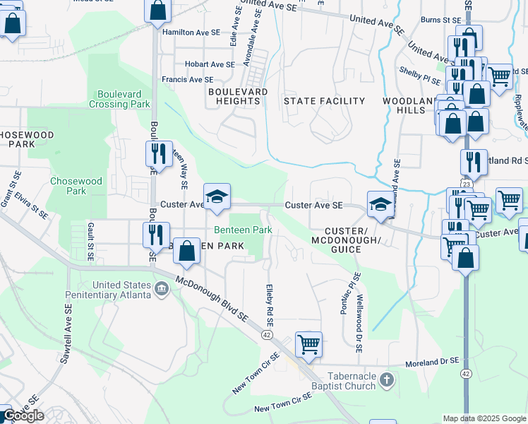 map of restaurants, bars, coffee shops, grocery stores, and more near 1305 Benteen Park Drive Southeast in Atlanta