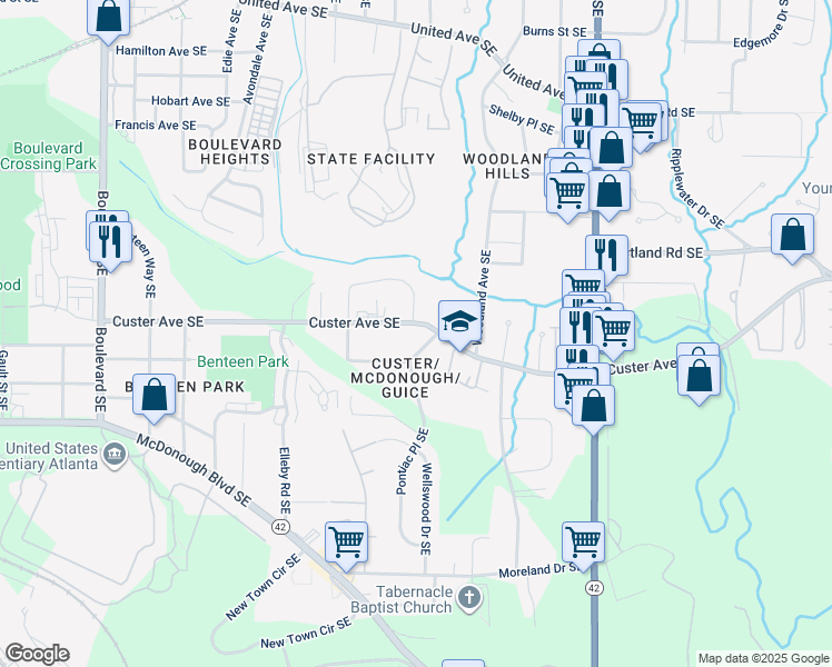 map of restaurants, bars, coffee shops, grocery stores, and more near 987 Custer Avenue Southeast in Atlanta