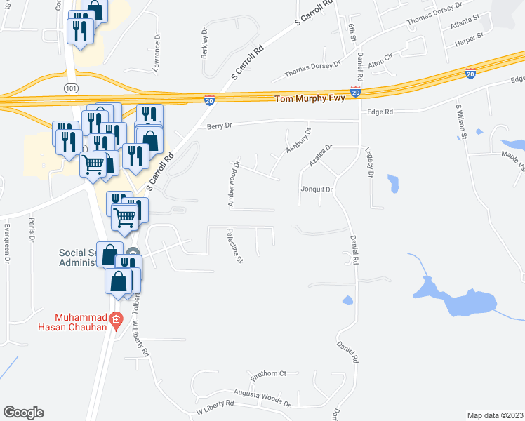 map of restaurants, bars, coffee shops, grocery stores, and more near 655 Amberwood Drive in Villa Rica