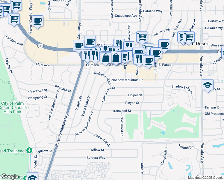 map of restaurants, bars, coffee shops, grocery stores, and more near 73251 Joshua Tree Street in Palm Desert