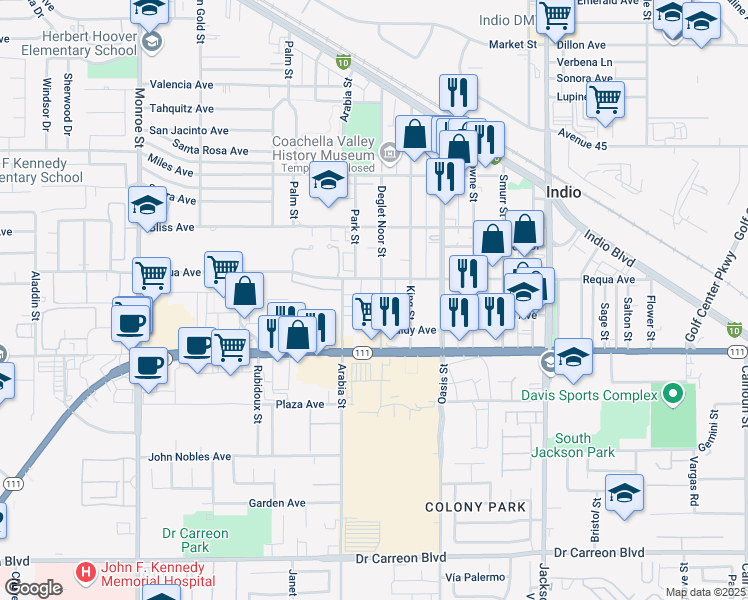 map of restaurants, bars, coffee shops, grocery stores, and more near 45680 Deglet Noor Street in Indio