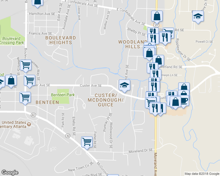 map of restaurants, bars, coffee shops, grocery stores, and more near 991 Custer Avenue Southeast in Atlanta