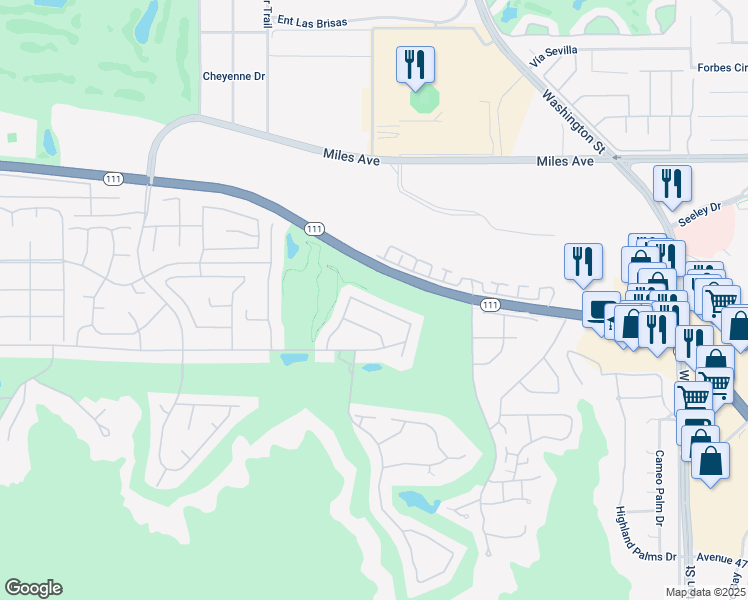 map of restaurants, bars, coffee shops, grocery stores, and more near 77658 North Vía Villaggio in Indian Wells