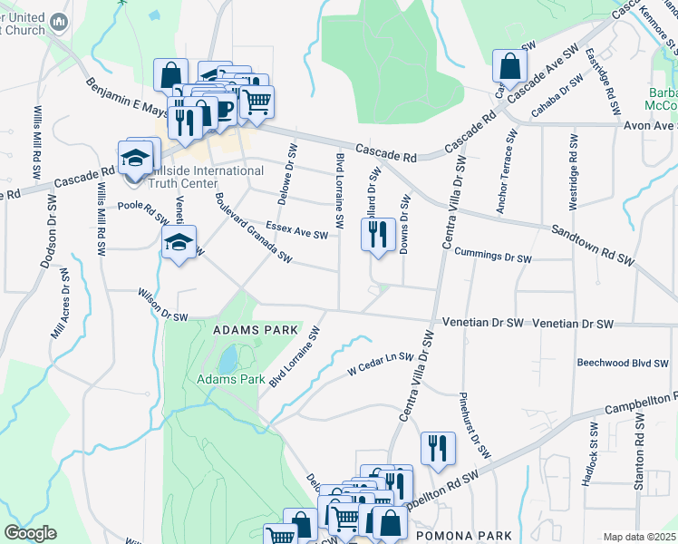 map of restaurants, bars, coffee shops, grocery stores, and more near 2101 Boulevard Granada Southwest in Atlanta
