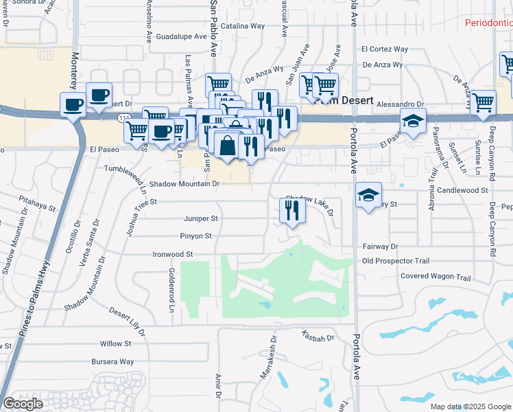 map of restaurants, bars, coffee shops, grocery stores, and more near 73751 Joshua Tree Street in Palm Desert
