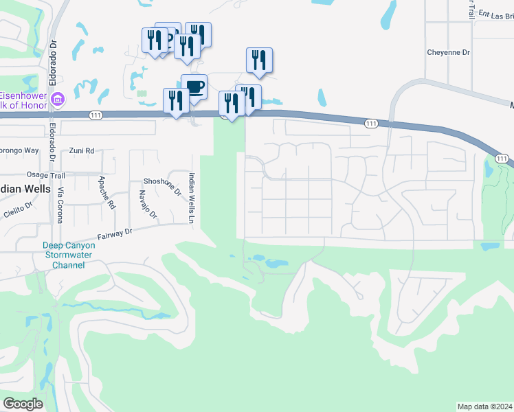 map of restaurants, bars, coffee shops, grocery stores, and more near 45735 Pawnee Road in Indian Wells