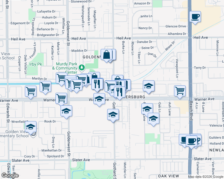 map of restaurants, bars, coffee shops, grocery stores, and more near 16931 Gothard Street in Huntington Beach