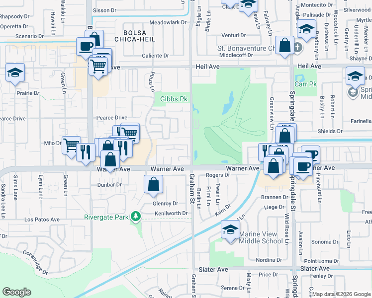 map of restaurants, bars, coffee shops, grocery stores, and more near 5461 Bonanza Drive in Huntington Beach