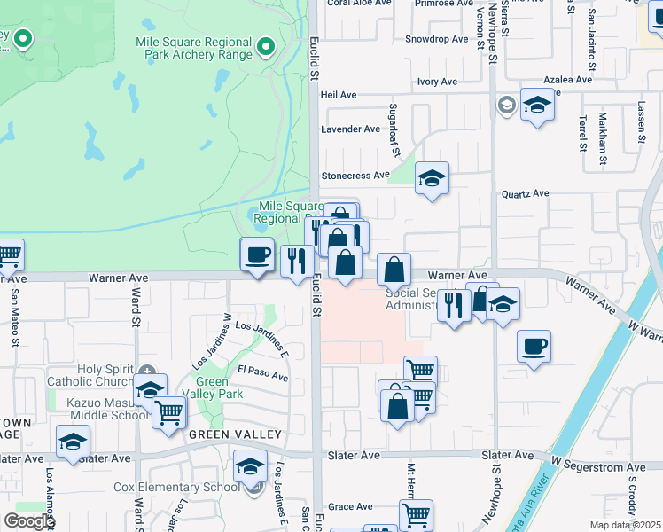 map of restaurants, bars, coffee shops, grocery stores, and more near 11045 Warner Avenue in Fountain Valley