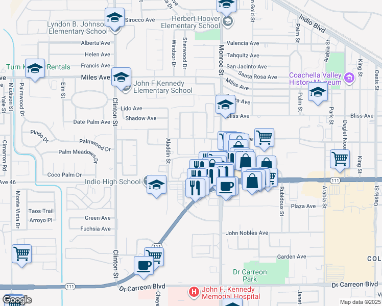 map of restaurants, bars, coffee shops, grocery stores, and more near 81840 Avenue Del Mar in Indio