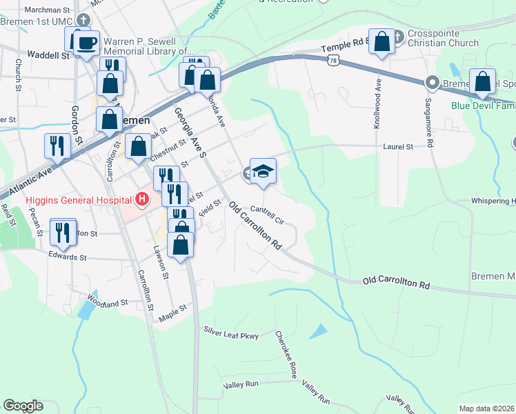 map of restaurants, bars, coffee shops, grocery stores, and more near 627 Cantrell Cir in Bremen