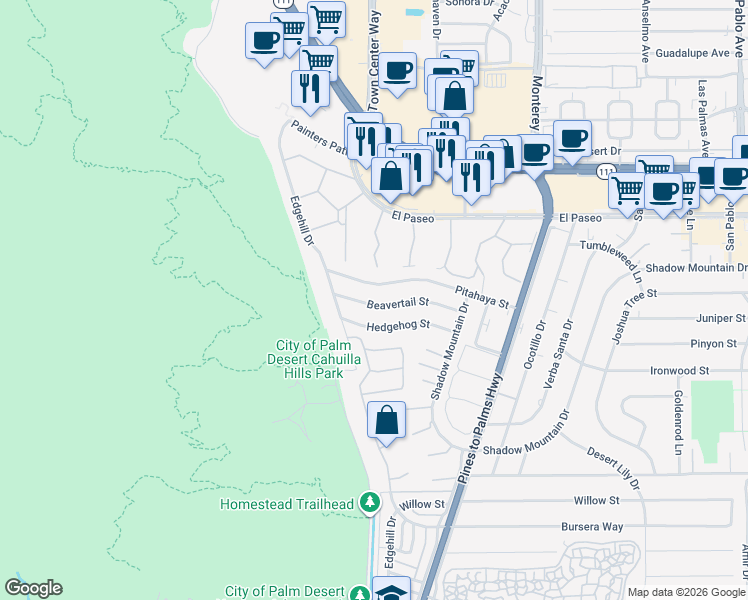 map of restaurants, bars, coffee shops, grocery stores, and more near 72596 Beavertail Street in Palm Desert