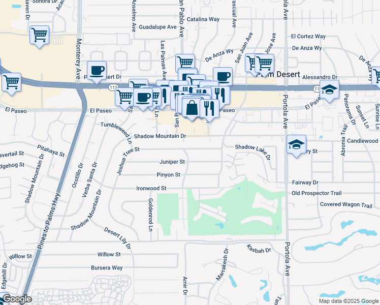 map of restaurants, bars, coffee shops, grocery stores, and more near 73535 Joshua Tree Street in Palm Desert