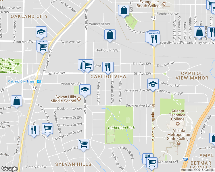 map of restaurants, bars, coffee shops, grocery stores, and more near 1396 Fairbanks Street Southwest in Atlanta