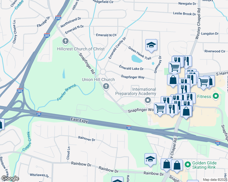 map of restaurants, bars, coffee shops, grocery stores, and more near 2435 Tiffany Place in Decatur