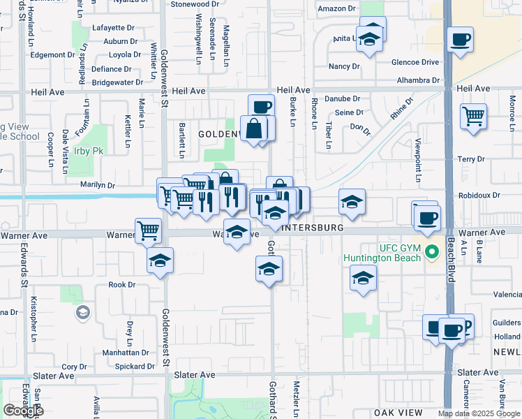 map of restaurants, bars, coffee shops, grocery stores, and more near 16932 Lilac Lane in Huntington Beach