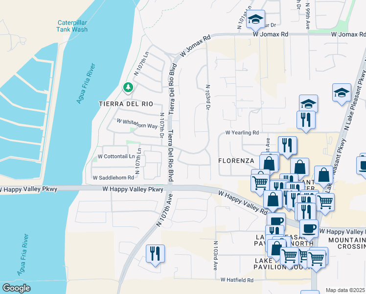 map of restaurants, bars, coffee shops, grocery stores, and more near 10622 West El Cortez Place in Peoria