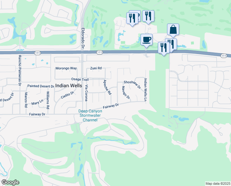 map of restaurants, bars, coffee shops, grocery stores, and more near 45635 Camino Del Rey in Indian Wells