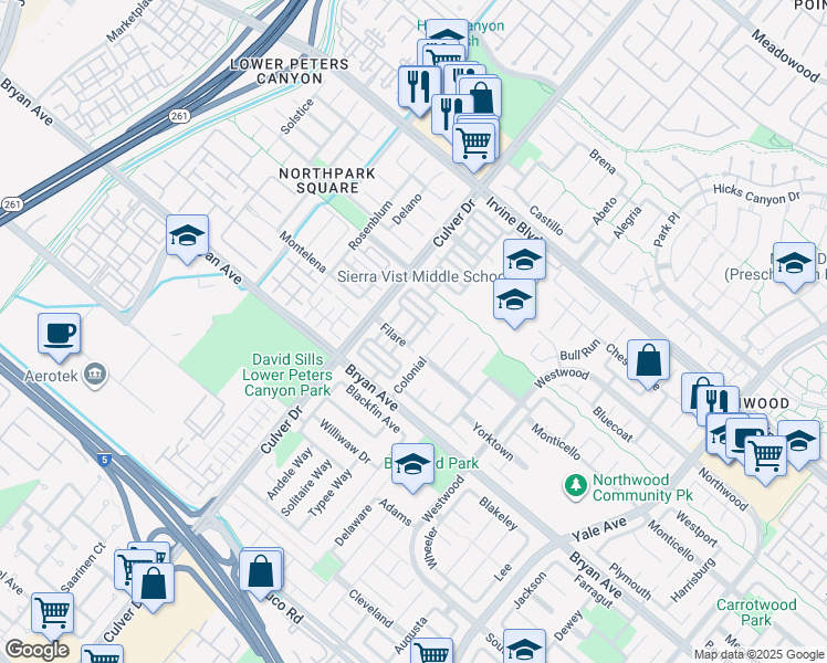 map of restaurants, bars, coffee shops, grocery stores, and more near 25 Filare in Irvine