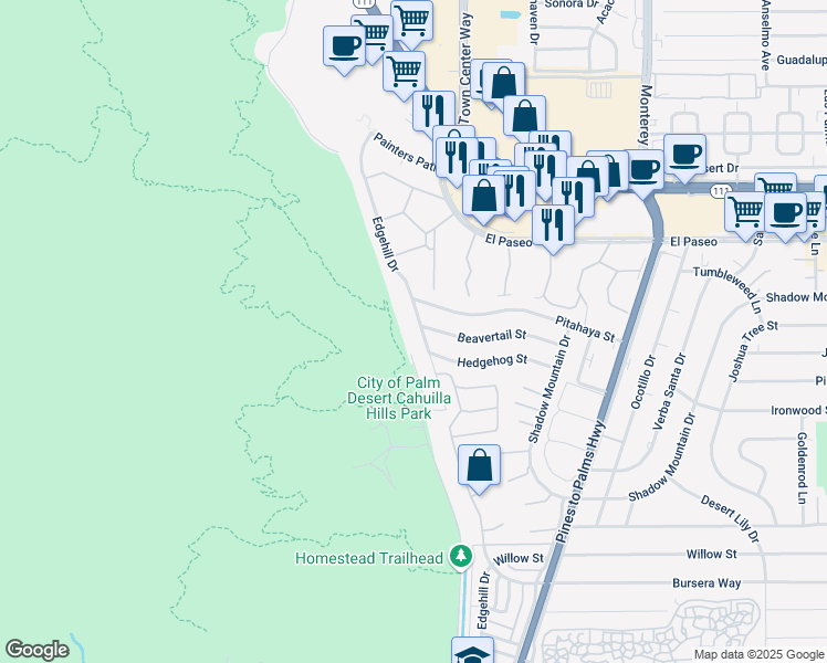 map of restaurants, bars, coffee shops, grocery stores, and more near 45651 Edgehill Drive in Palm Desert