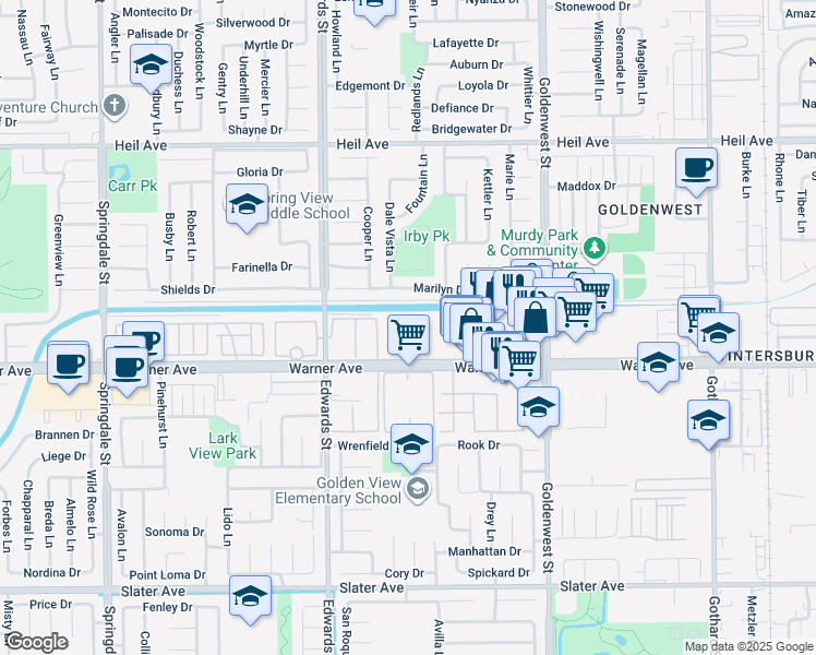 map of restaurants, bars, coffee shops, grocery stores, and more near 16892 Limelight Circle in Huntington Beach