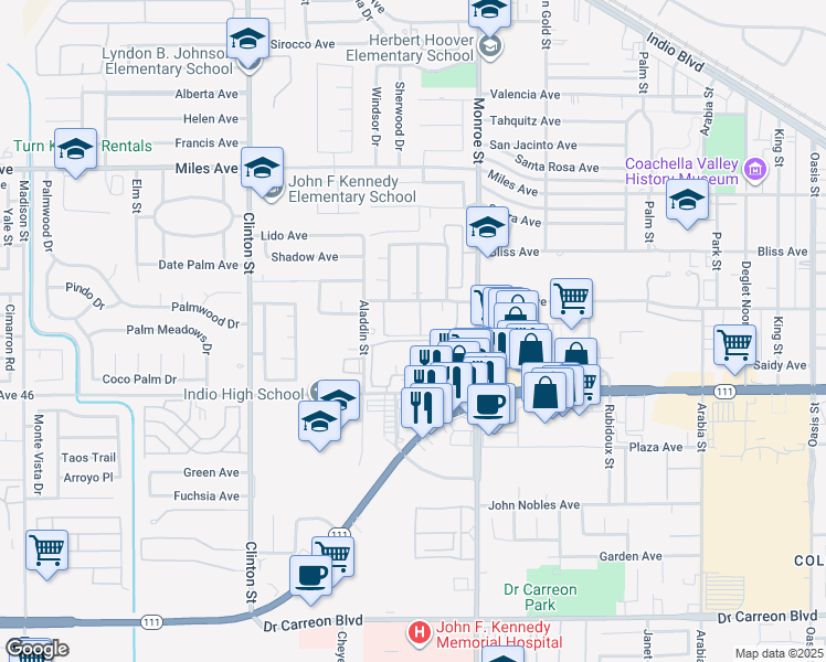 map of restaurants, bars, coffee shops, grocery stores, and more near 81840 Avenue Del Mar in Indio