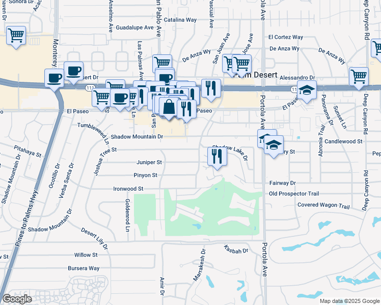 map of restaurants, bars, coffee shops, grocery stores, and more near 73751 Joshua Tree Street in Palm Desert