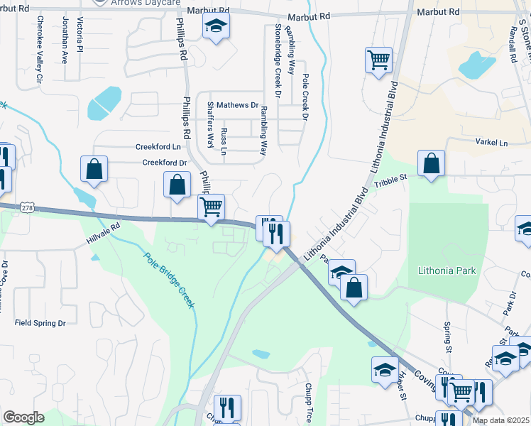 map of restaurants, bars, coffee shops, grocery stores, and more near 6550 Wellington Chase Court in Lithonia