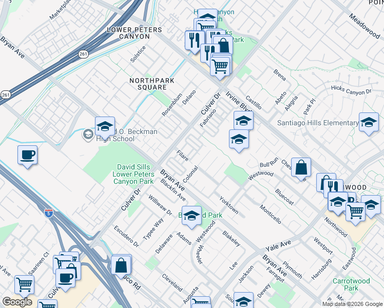 map of restaurants, bars, coffee shops, grocery stores, and more near 25 Filare in Irvine