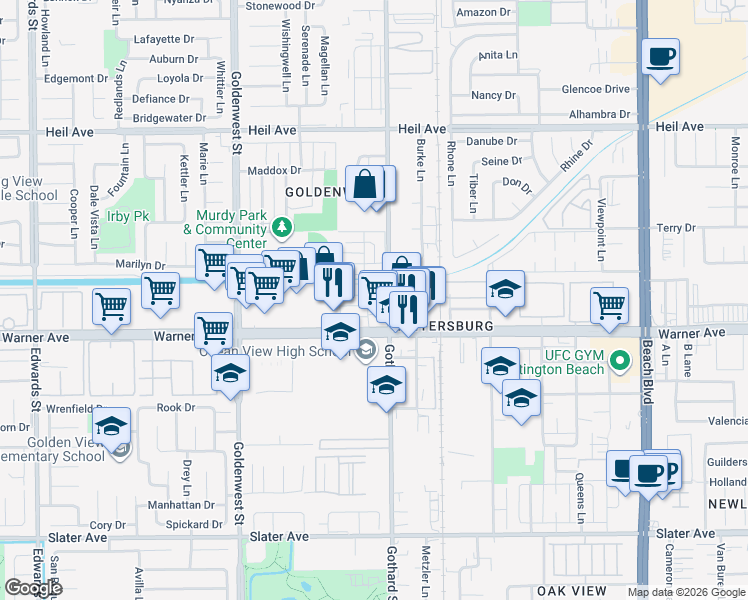 map of restaurants, bars, coffee shops, grocery stores, and more near 7331 Toulouse Drive in Huntington Beach