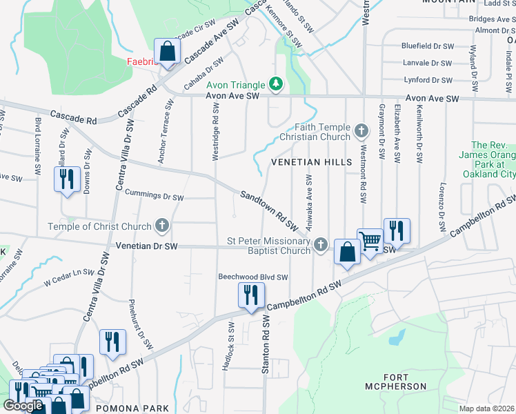 map of restaurants, bars, coffee shops, grocery stores, and more near 1698 Sandtown Road Southwest in Atlanta