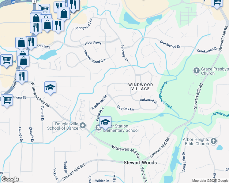 map of restaurants, bars, coffee shops, grocery stores, and more near 6739 Valley Court in Douglasville