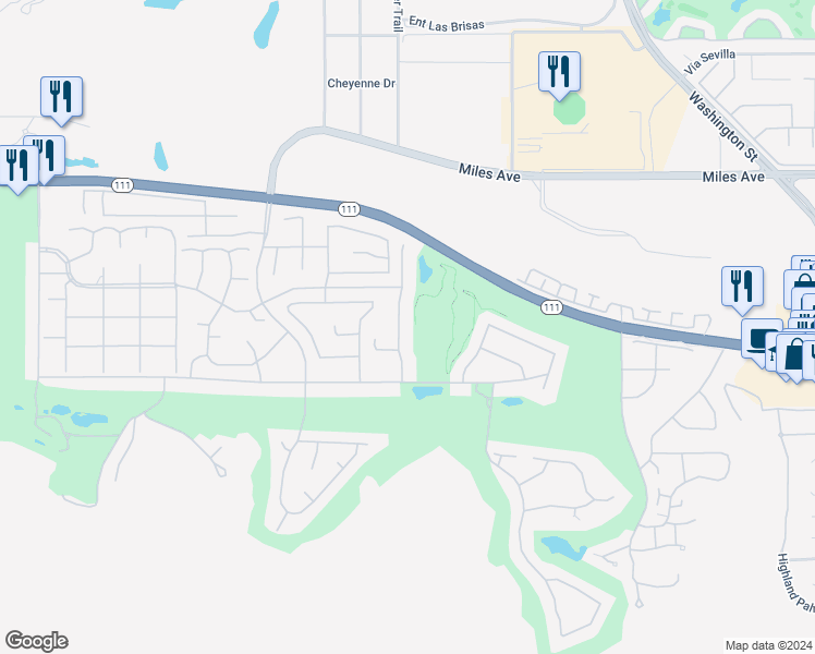 map of restaurants, bars, coffee shops, grocery stores, and more near 45634 Appian Way in Indian Wells
