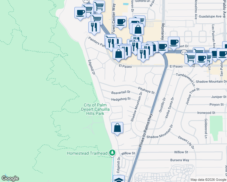 map of restaurants, bars, coffee shops, grocery stores, and more near 72596 Beavertail Street in Palm Desert