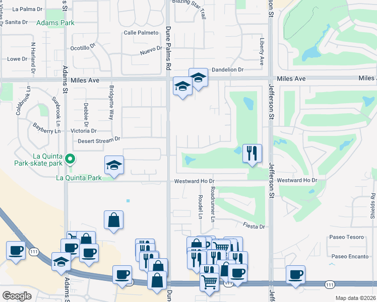 map of restaurants, bars, coffee shops, grocery stores, and more near 79591 Half Moon Bay Drive in Indio