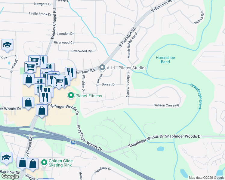 map of restaurants, bars, coffee shops, grocery stores, and more near 4503 Dorset Drive in Decatur