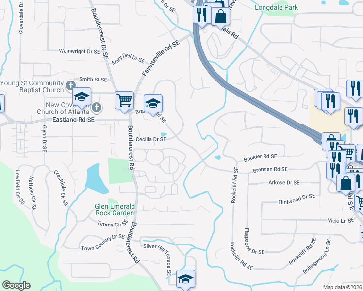 map of restaurants, bars, coffee shops, grocery stores, and more near 1933 Brannen Road Southeast in Atlanta