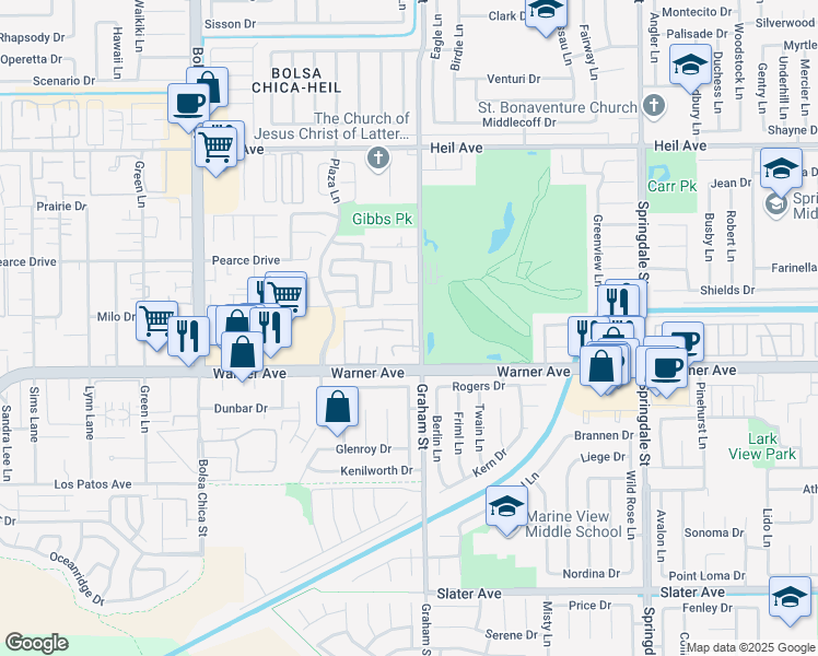 map of restaurants, bars, coffee shops, grocery stores, and more near 5461 Bonanza Drive in Huntington Beach