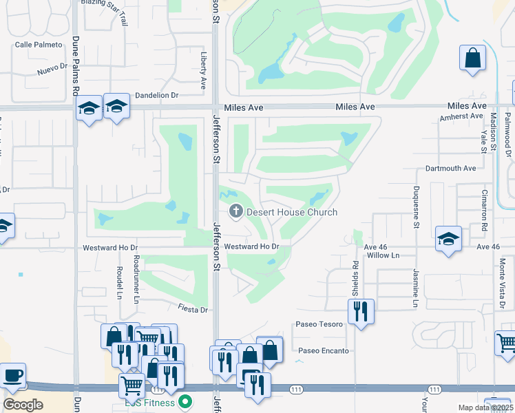 map of restaurants, bars, coffee shops, grocery stores, and more near 45643 Spyglass Hill Street in Indio
