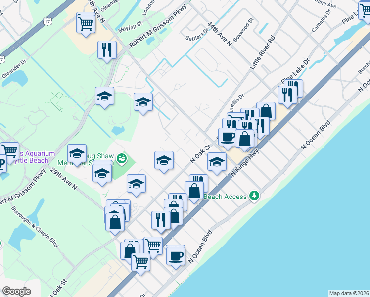 map of restaurants, bars, coffee shops, grocery stores, and more near 608 36th Avenue North in Myrtle Beach