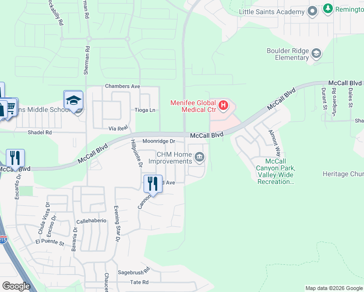 map of restaurants, bars, coffee shops, grocery stores, and more near 27765 Spring Meadow Court in Menifee