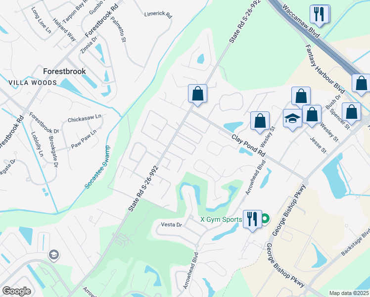 map of restaurants, bars, coffee shops, grocery stores, and more near 803 Burcale Road in Myrtle Beach