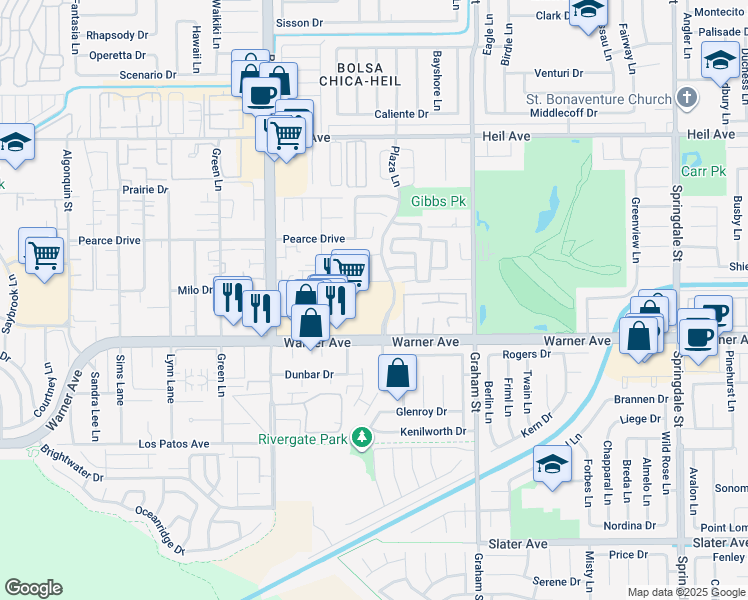 map of restaurants, bars, coffee shops, grocery stores, and more near 5292 Acorn Drive in Huntington Beach