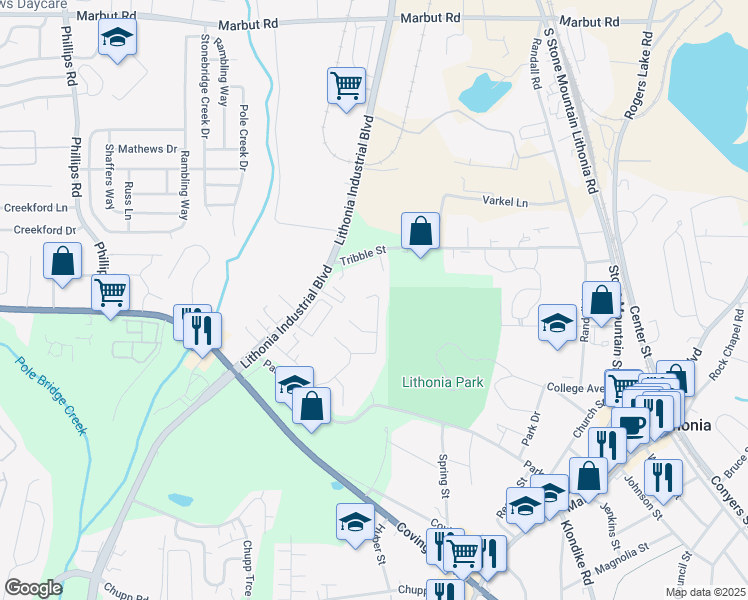 map of restaurants, bars, coffee shops, grocery stores, and more near 2641 Parkway Trail in Lithonia