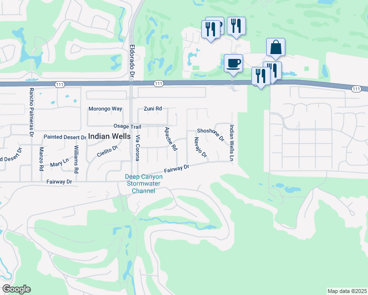 map of restaurants, bars, coffee shops, grocery stores, and more near 45635 Camino Del Rey in Indian Wells