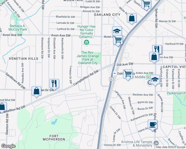 map of restaurants, bars, coffee shops, grocery stores, and more near 1250 Campbellton Road Southwest in Atlanta